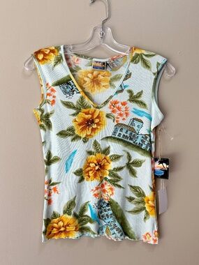 NWT Sunset Cove Vintage 90s Tropical Floral Ribbed Tank Top With Sequins